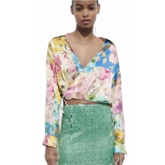 ZARA Shirt, Satin Multicolored Longsleeve Wrap shirt with Ties NWOT - Picture 2 of 12